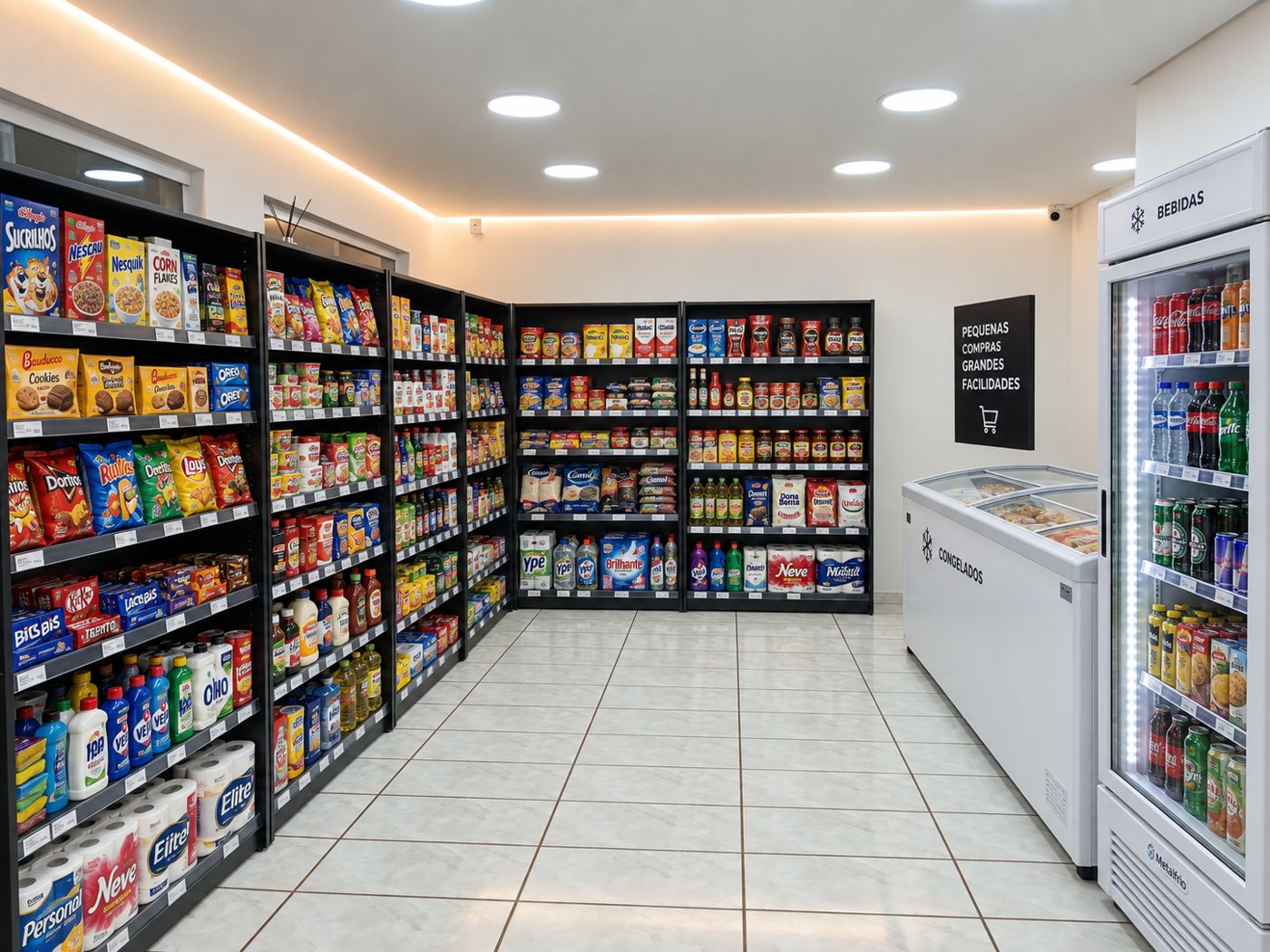 Minimercado autônomo 24h com gôndolas de mercearia, snacks e limpeza, freezer de congelados e geladeira de bebidas