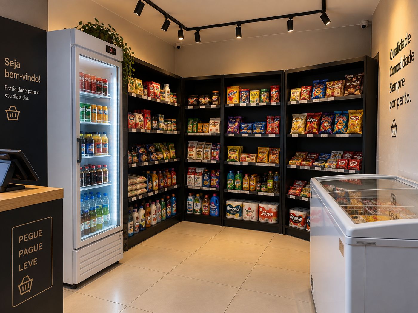 Mercado autônomo Yesymart em condomínio, com geladeira, freezer, gôndolas e totem de autoatendimento